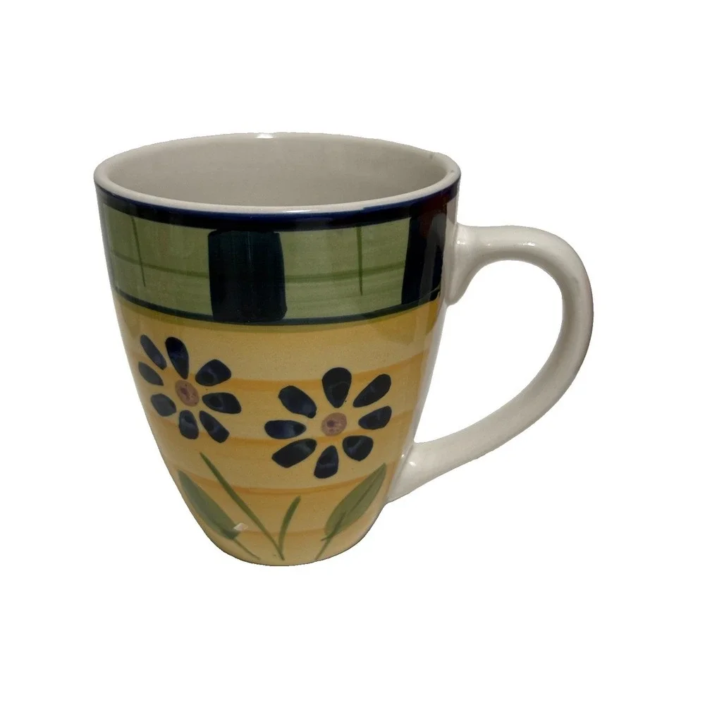 Pier 1  Vintage Coffee Mug Floral Yellow And Green Hand Painted